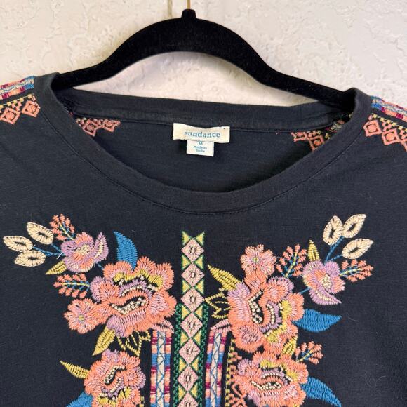 SUNDANCE Blouse Medium Crew Neck Embroidered Chest & Shoulder Top Tee Boho - Picture 3 of 11